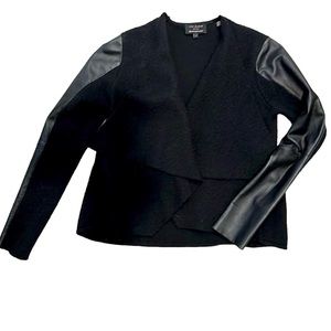 Ted Baker London black wool fly away blazer with leather trim, size 1